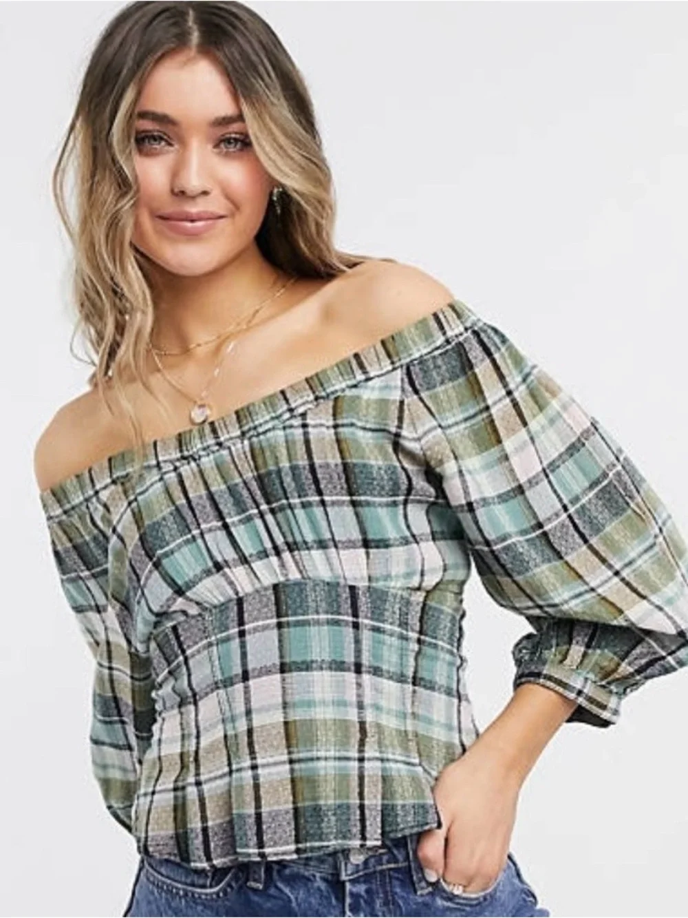 Free People Teagan Top L Teal Plaid Cotton Puff Sleeve Off Shoulder Peplum Boho